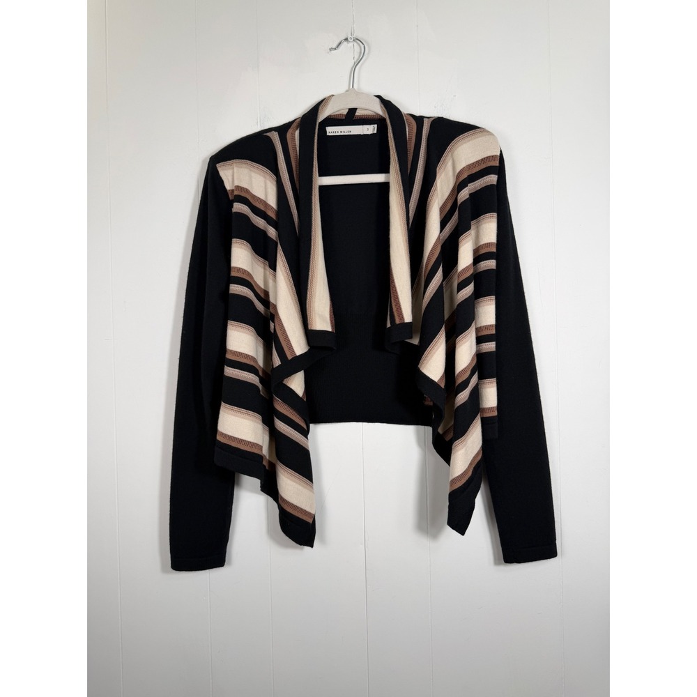 Karen Millen Striped Waterfall Open Front Wool Blend Cardigan Sweater Black 3